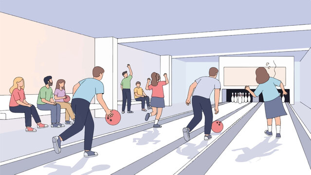 Diverse group enjoys recreational bowling on a bright indoor lane with pins