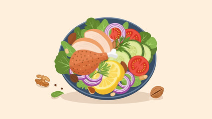 Delicious and healthy chicken salad with fresh vegetables and nuts