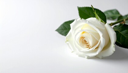 Obraz premium Single white rose with green leaves and bud on white background symbolizing purity and natural elegance.