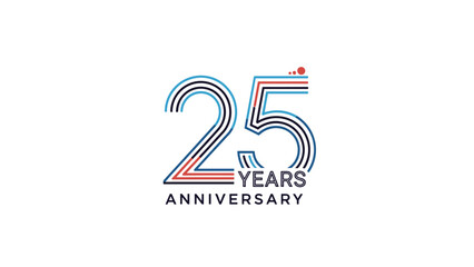 Obraz premium Modern 25 years anniversary celebration logo featuring a stylized design with multi-colored parallel lines on white background.