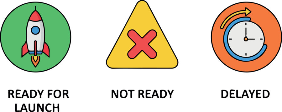 Set of icons representing project status Ready for Launch, Not Ready, and Delayed