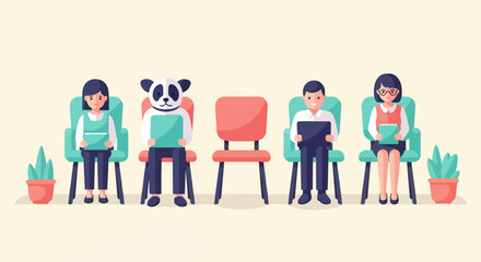 Fototapeta premium Diverse individuals and a panda sit waiting in chairs, holding tablets