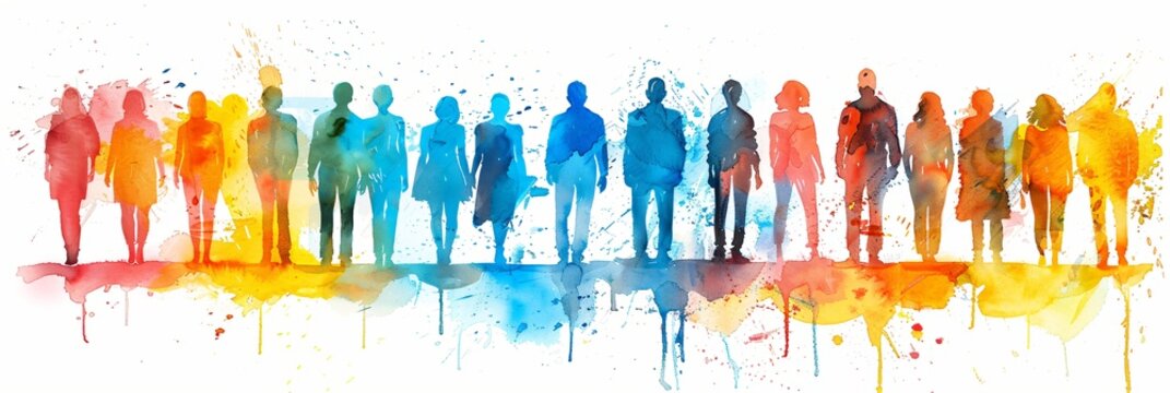 Group of diverse watercolor people and men in a row. Community and social connection. Team and crowd with unity. Banner with copy space