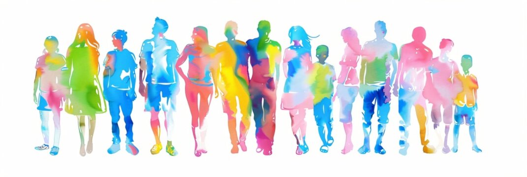 Diverse men, women, and children painted in colorful watercolor, representing community connection and global population for demographic study. Banner with copy space