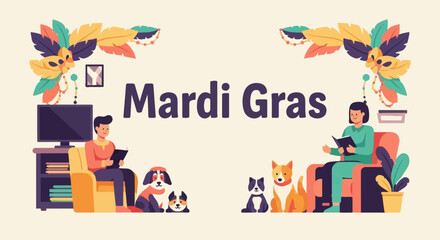 Fototapeta premium Festive Mardi Gras scene with people, dogs, and masquerade decor