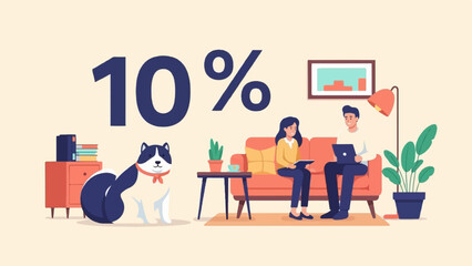 Duo and dog in cozy room, 10% offer displayed