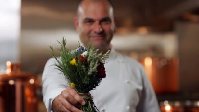A smiling middle-eastern chef in a white jacket offers a rustic bouquet of fresh herbs with pride on a blurred kitchen background concept of a passionate and gourmet gift for a discerning woman