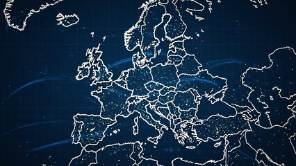 Glowing european map at night with illuminated country borders and cities on a dark blue background