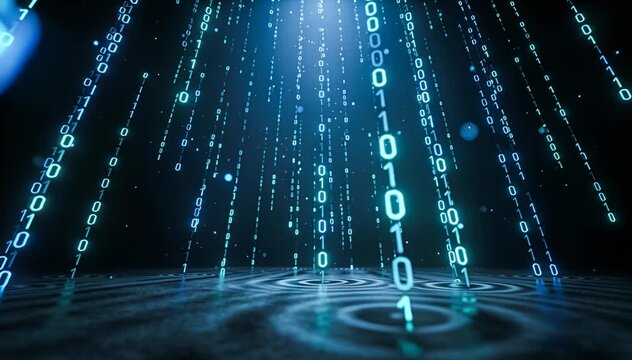 Digital rain of binary code falling into data stream with ripples binary code digital rain, information flow.