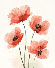 Watercolor painting of poppy flowers recognized as a symbol of remembrance for fallen soldiers in Commonwealth nations