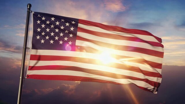 American flag waving beautifully at sunrise with glowing sunlight