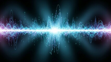 Vibrant blue sound wave visualization with radiant light effect on dark background creating dynamic energy and motion graphic design element