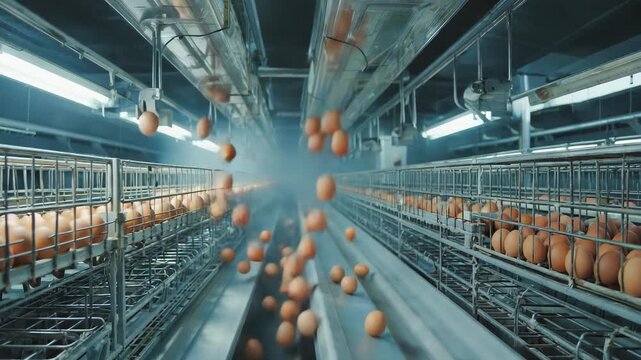 Automated egg collection system in a modern poultry farm with conveyor belts