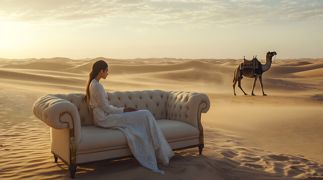 A vast desert at golden hour. A luxurious, soft beige sofa is placed directly on the dunes. A model wearing an abaya sits on the sofa 