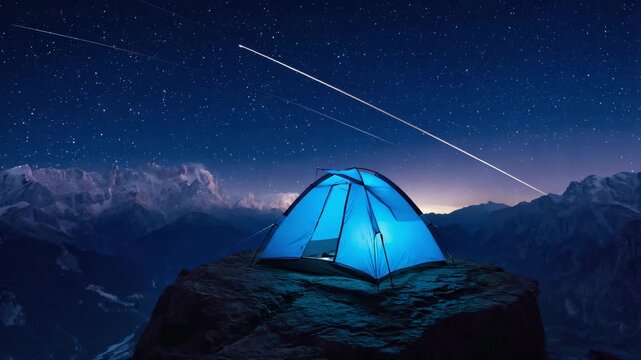 Blue camping tent under a starry night sky with shooting stars in the mountains