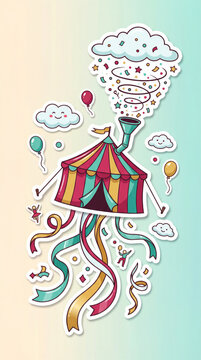 Whimsical Flying Circus Tent Sticker Illustration With Clouds