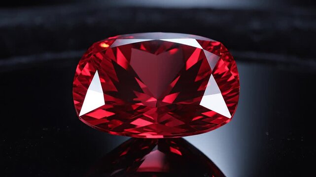 Symmetrical View of a Cushion Cut Red Ruby on Black Background