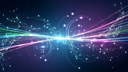 Vibrant light beams and neon particles in abstract space background with glowing lines and circles