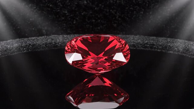 Red Ruby Gemstone Rotating on a Dark Glossy Surface