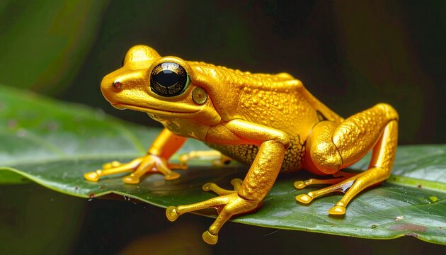 Golden Poison Frog on Green Leaf Tropical Nature Close-Up Macro Wildlife