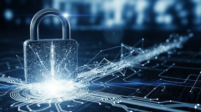 Cybersecurity Padlock on Circuit Board Protecting Digital Network