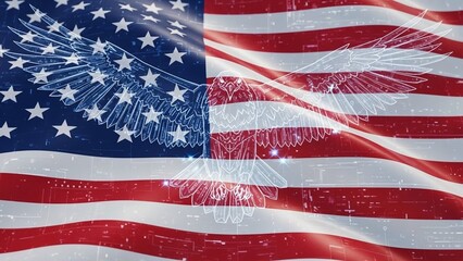 American flag waving with dynamic light effects and fireworks symbolizing freedom and celebration