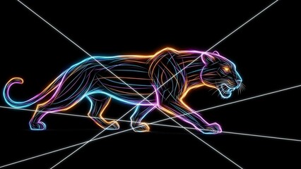 Neon illuminated panther silhouette with vibrant colorful lines on black background dynamic pose and glowing effects futuristic animal design