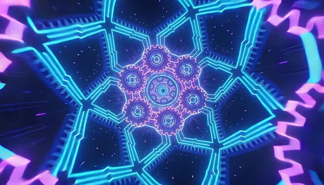 Abstract geometric tunnel motion graphics with glowing neon gears and circuits tunnel abstract, futuristic.