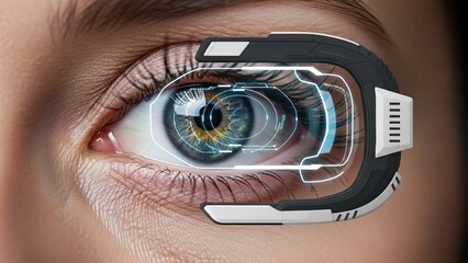 Futuristic eye with advanced digital interface and virtual reality elements surrounding iris