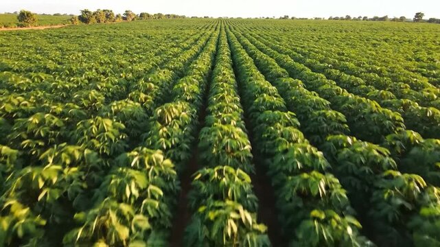 Lush, green field of cassava plants, rows stretching to horizon under a soft, golden light