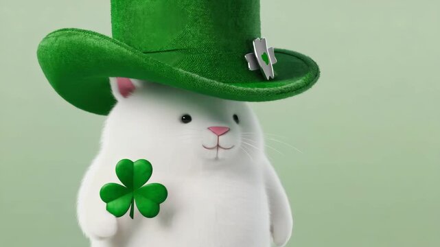 Cute white rabbit wearing a green hat and holding a shamrock