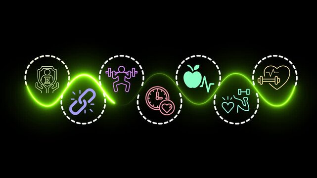 Health and longevity economy concept on the black background. A holistic approach to a healthy lifestyle and extended life expectancy. Motion graphics of longevity economy idea. 4k video animation.