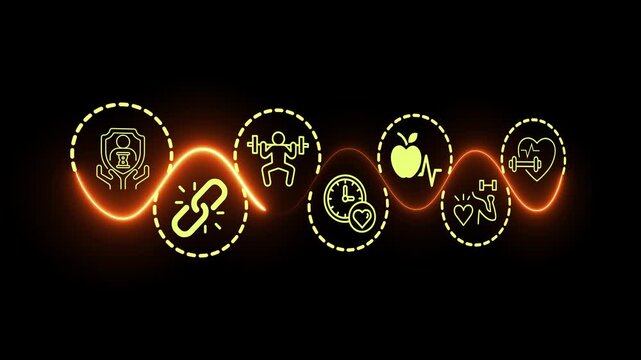 Health and longevity economy concept on the black background. A holistic approach to a healthy lifestyle and extended life expectancy. Motion graphics of longevity economy idea. 4k video animation.