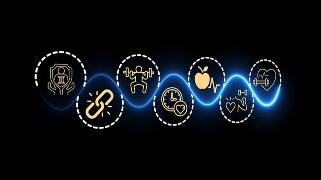 Health and longevity economy concept on the black background. A holistic approach to a healthy lifestyle and extended life expectancy. Motion graphics of longevity economy idea. 4k video animation.