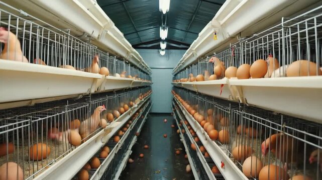 Industrial poultry farm with hens and eggs in tiered cages