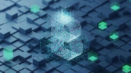Digital padlock on a 3d grid background with green cubes and blue cubes symbolizing cybersecurity and data protection