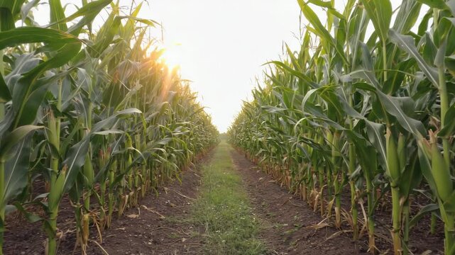 Lush green cornfield with a pathway leading through the crops at sunset