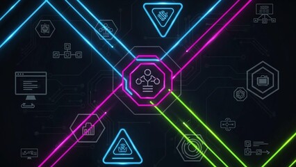 Futuristic neon network visualization with glowing lines and icons on dark background representing technology and connectivity concepts