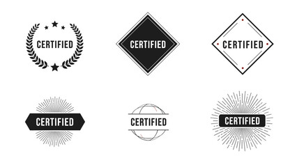 Fototapeta premium Selection of professional certified stamp and badge designs using diverse shapes such as circles diamonds and sunbursts.