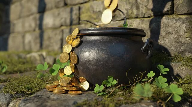 Pot of gold coins spilling out with clover plants and rustic stone wall