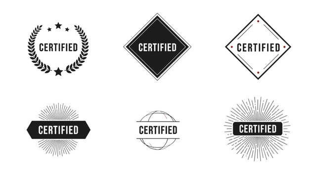 Selection of professional certified stamp and badge designs using diverse shapes such as circles diamonds and sunbursts.