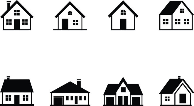Collection of diverse simple black house icons representing different architectural styles and residential dwellings isolated on transparent background