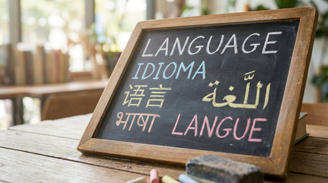 Blackboard with word language written in various languages standing on wooden table in classroom educational multicultural close up photography