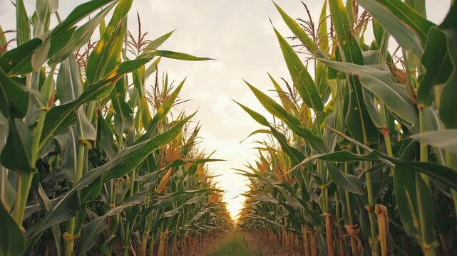Tall green cornfield with a clear pathway leading through the crops at sunset