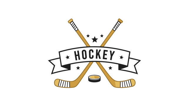 Professional hockey emblem featuring two crossed sticks a puck and stars with a decorative banner for team names.