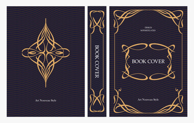 Fototapeta premium Classic vintage book cover and spine with gold and black art deco, art nouveau ornament, decorative frame, elegant retro style for classic publications, posters, artistic layouts