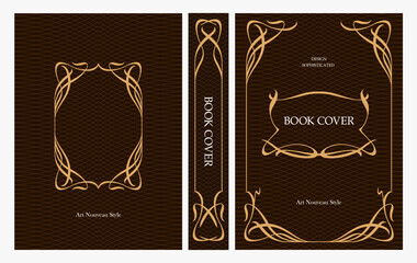 Fototapeta premium Classic vintage book cover and spine with gold and black art deco, art nouveau ornament, decorative frame, elegant retro style for classic publications, posters, artistic layouts