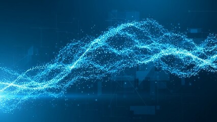 Glowing blue particle wave flowing through dark blue background with futuristic digital landscape