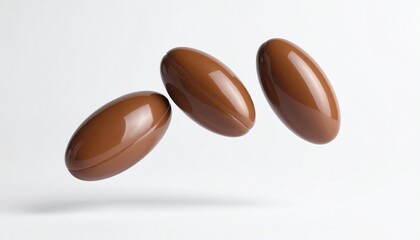 Fototapeta premium Three glossy brown oval capsules floating against plain white background, subtle shadows beneath, clean minimal composition.