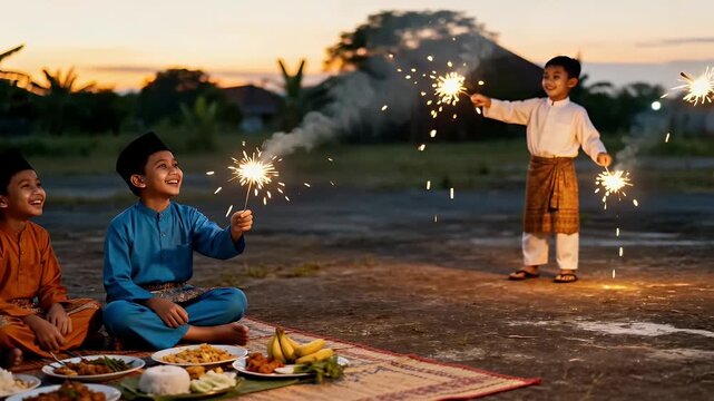 Three young boys in traditional attire celebrating with sparklers outdoors at dusk.